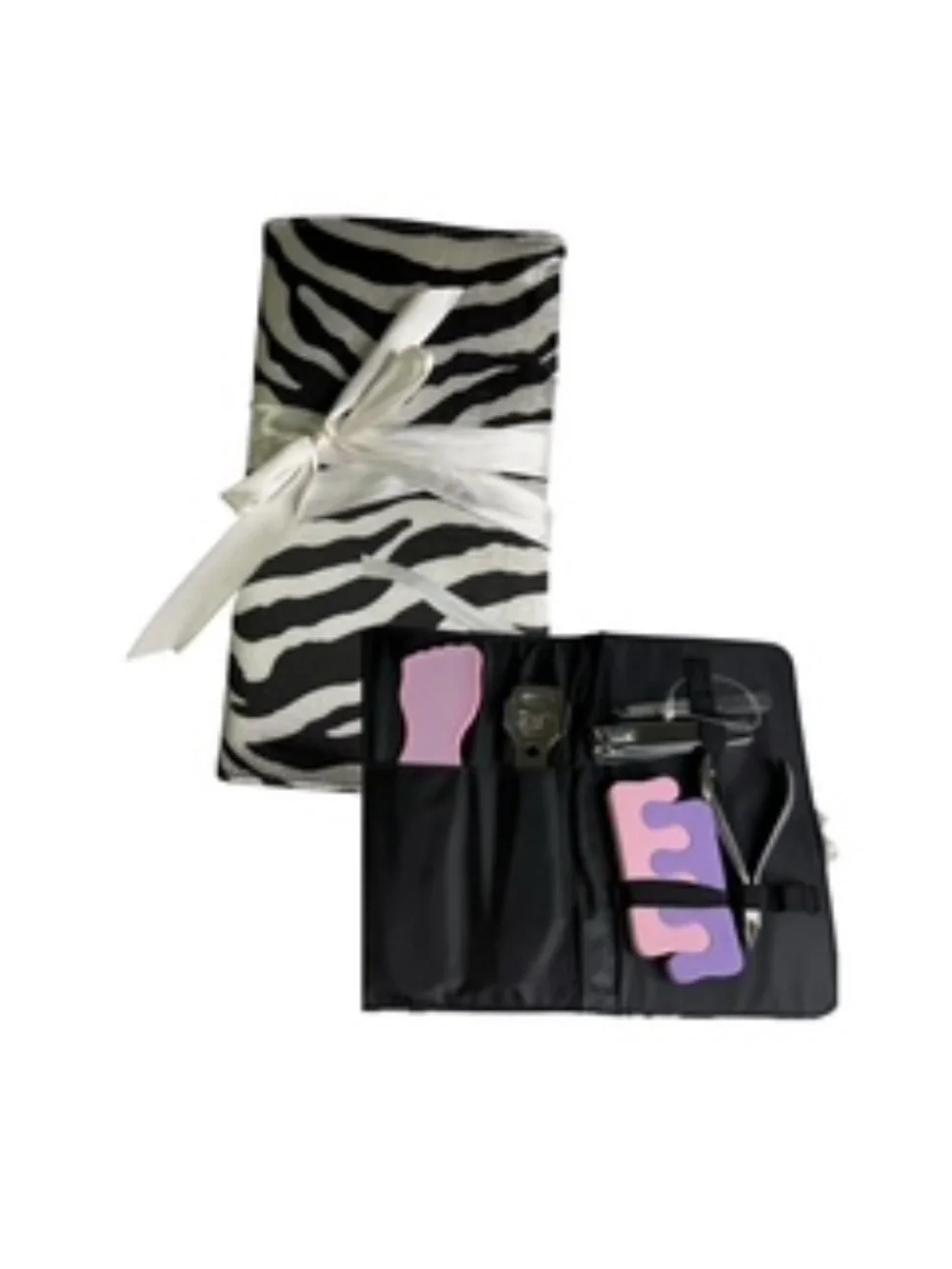 NWOT Totes for Her Pedicure Set Zebra Design Fold Up with Ribbon Tie